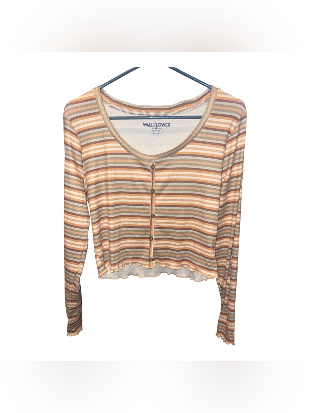 Wallflower Peach, Cream & Gray Striped Long-Sleeve Crop Top